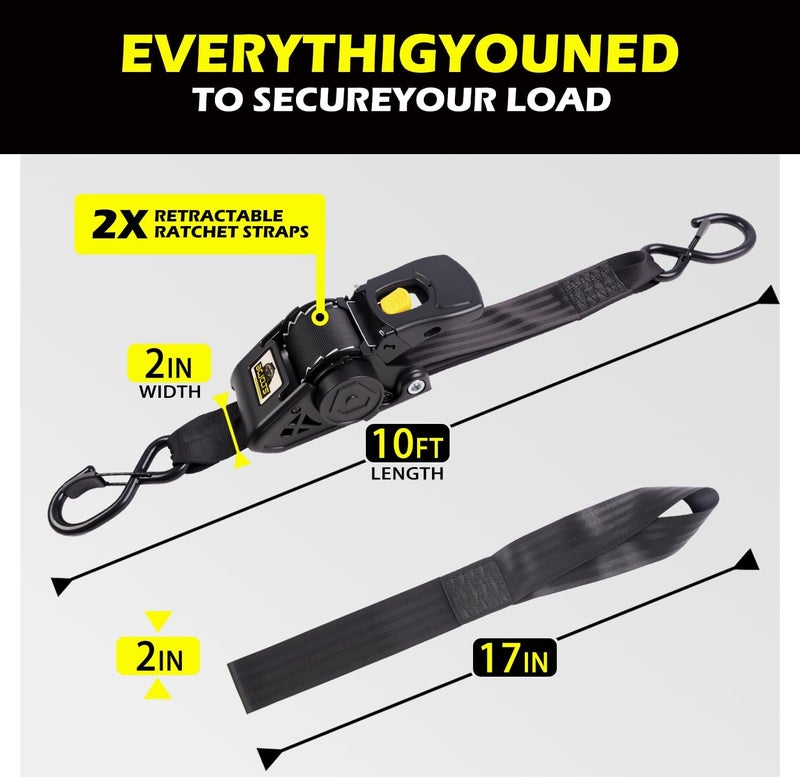 BCJCLTS Retractable Ratchet Straps 2" x 10ft, 3,000lb Break Strength, Heavy Duty Easy Release Tie Down for Trucks, Trailers, Motorcycles, ATVs, Secure Cargo Straps - Image 3